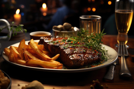 grilled juicy steak with French friesの素材