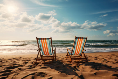 sun loungers on the beach against the backdrop of the sea or ocean. vacation conceptの素材