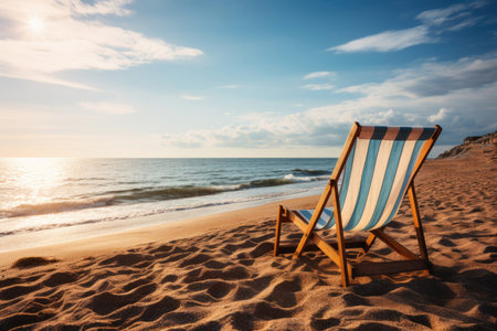 sun lounger on the beach against the backdrop of the sea or ocean. vacation concept. Copy space for textの素材