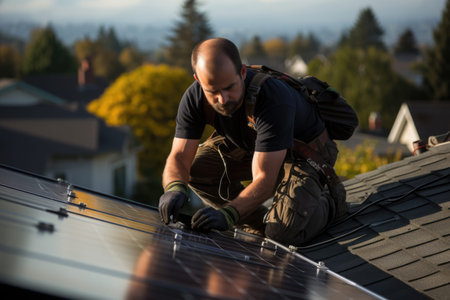 worker installs solar panels on the roof of a house, green energy conceptの素材