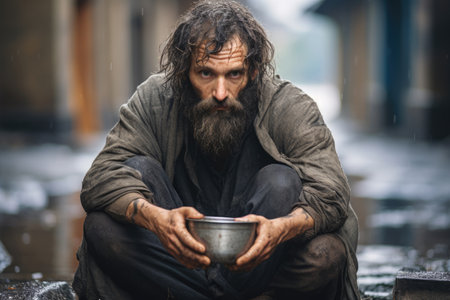 homeless man begging on the streetの素材
