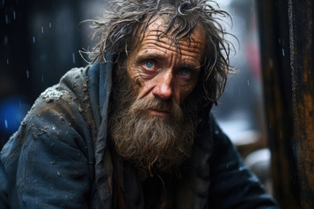 Beggar homeless man, concept of poverty, unemployment, hungerの素材