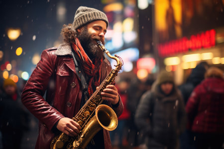 A street musician plays jazz saxophone against the backdrop of a night cityの素材