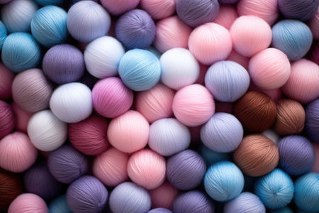 Background from colored balls of wool threads, concept of knitting, crochet, needleworkの素材
