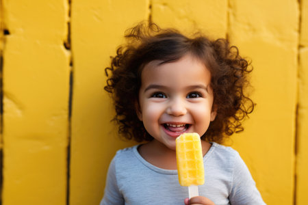 Cute girl eating yellow ice cream against a yellow wallの素材