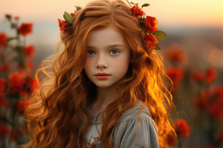 Beautiful red-haired girl in a field on a summer evening at sunsetの素材