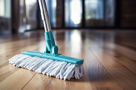 Cleaning a wooden floor with a damp mopの素材