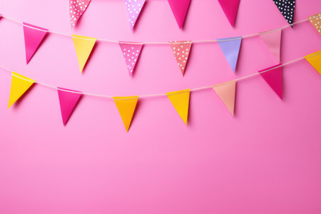 Decorative colorful pennants for birthday on a pink backgroundの素材