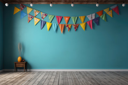 Photo zone with colorful garlands with flags for birthday party, wedding or anniversary. Copy space for textの素材