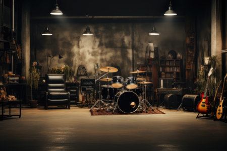 Rehearsal space for rock music band, drum set, guitars, amplifiersの素材
