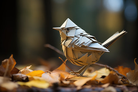 origami bird on yellow autumn foliageの素材