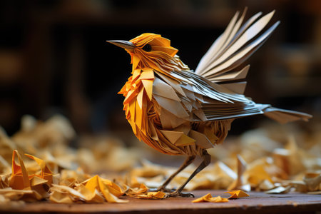 origami bird on yellow autumn foliageの素材