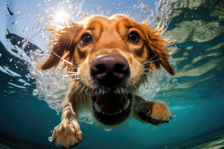 Funny Dog dives under water close upの素材