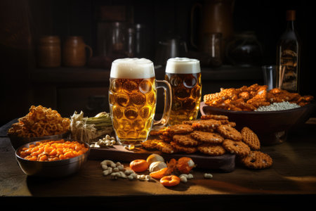 Beer in glasses and snacks on the table in a pubの素材