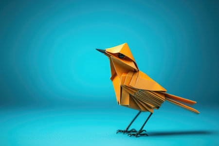 origami bird on blue background. Copy space for textの素材