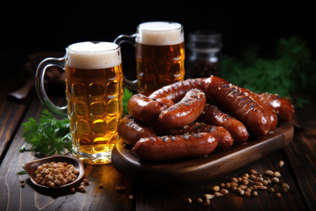 Beer in glasses and snacks on the table in a pubの素材