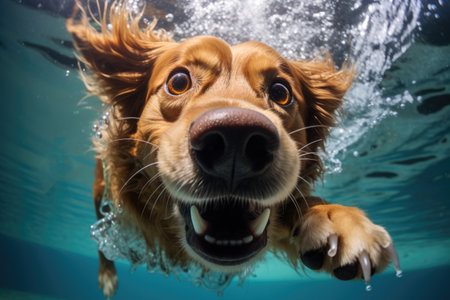 Funny Dog dives under water close upの素材