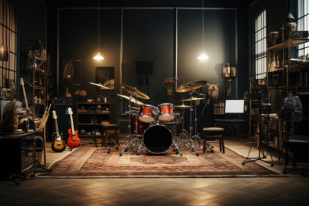 Rehearsal space for rock music band, drum set, guitars, amplifiersの素材