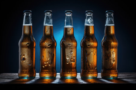 Row of beer bottles in neon lightingの素材