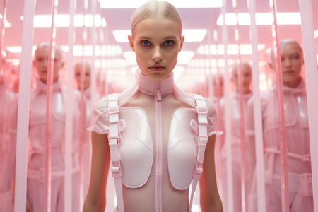 Fashion of the future, fashion model in a futuristic outfit on the catwalkの素材