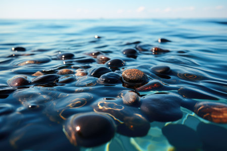 stones in sea water on the shore with solar reflectionの素材