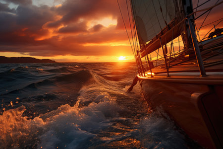 Sailboat sailboat at sea, view from board at sunsetの素材
