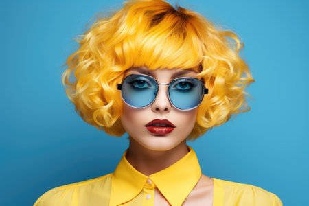 girl with yellow hair wearing blue glasses. Portrait of fashion beauty young womanの素材