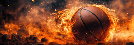 Burning basketball ball. horizontal bannerの素材