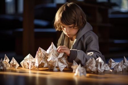 Boy makes origami, development of fine motor skillsの素材
