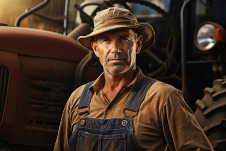 farmer stands on a farm against the background of a tractor plowing a fieldの素材