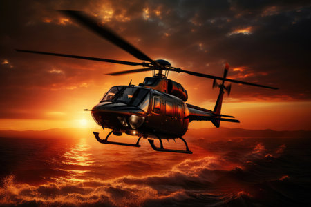 helicopter flies in the blue skyの素材