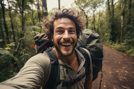 Self-portrait of happy hiker, young male tourist in the forestの素材