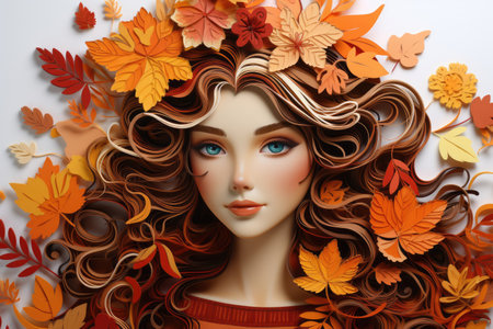 Woman with hair in quilling style with autumn leaves. Concept of art, imagination, creativityの素材