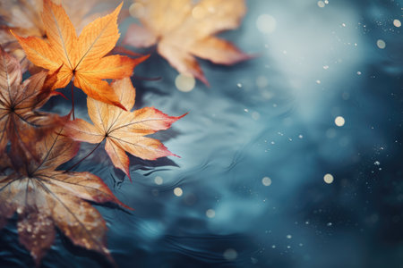 autumn yellow leaves in water puddles autumn background. Copy space for textの素材