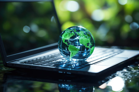 Green world map in glass ball on laptop, green energy concept, environmental protectionの素材