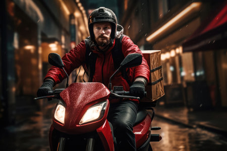 food delivery man on a scooter or motorcycle is in a hurry to deliver an order to a customer.の素材