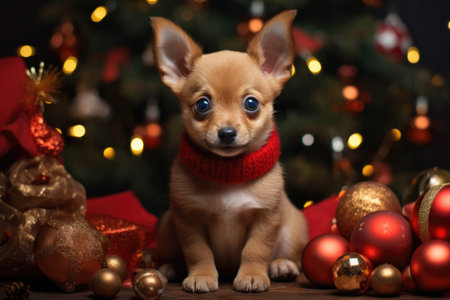 Funny dog on the background of a Christmas treeの素材