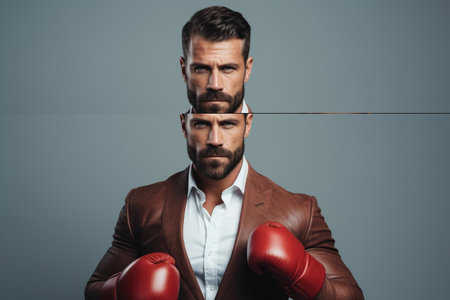 businessman in boxing gloves in a fighting poseの素材