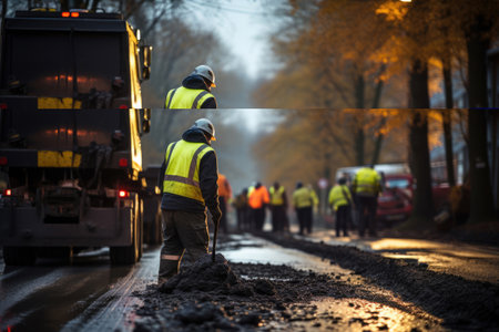 Road workers repairing an asphalt roadの素材