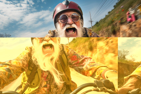 Cool bearded old man biker on a motorcycleの素材