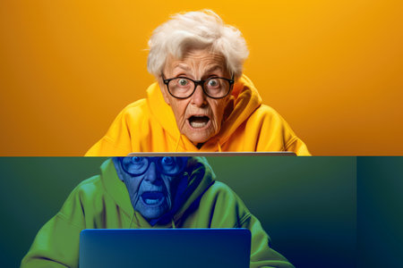 Shocked senior retired woman looking at laptop screen with horror. Problem with learning on computer, bad news conceptの素材