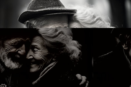Happy couple of old bright cheerful seniors man and woman, black and whiteの素材
