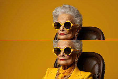 Stylish serious business lady senora woman in yellow clothes on a yellow background. Copy space for textの素材