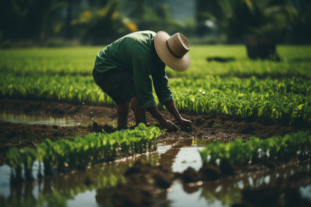 Farmer working in a rice fieldの素材
