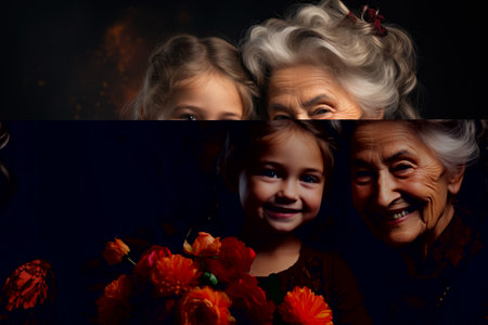 happy smiling granddaughter and grandmother. Child and old lady generational relationship conceptの素材