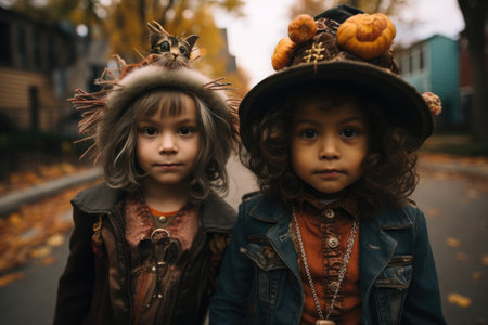 children in witch costumes for halloweenの素材