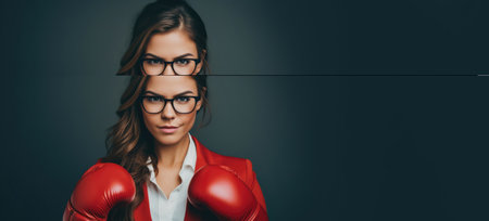 Beautiful business woman, office worker in boxing gloves, competition concept, career ladder. Copy space for text. horizontal bannerの素材
