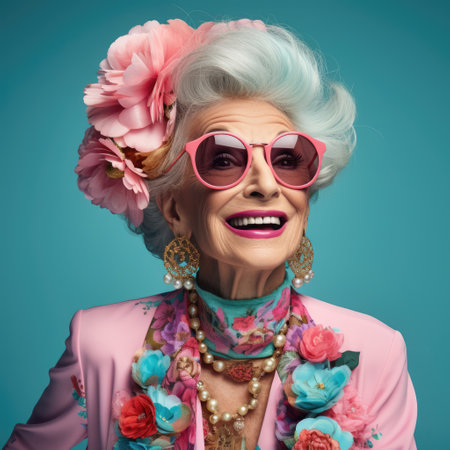 Old stylish woman senor lady in pink clothes smilingの素材