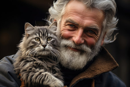 Old man senor hugs his beloved cat. Pet love conceptの素材