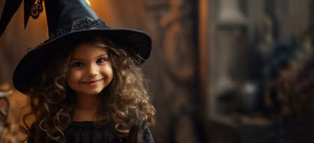 Little girl wearing a witch costume for Halloween. Copy space for text. horizontal bannerの素材